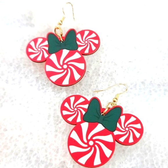 DISNEY themed  peppermint dangle earrings of mouse ears, laser cut wood NWT - Picture 1 of 4